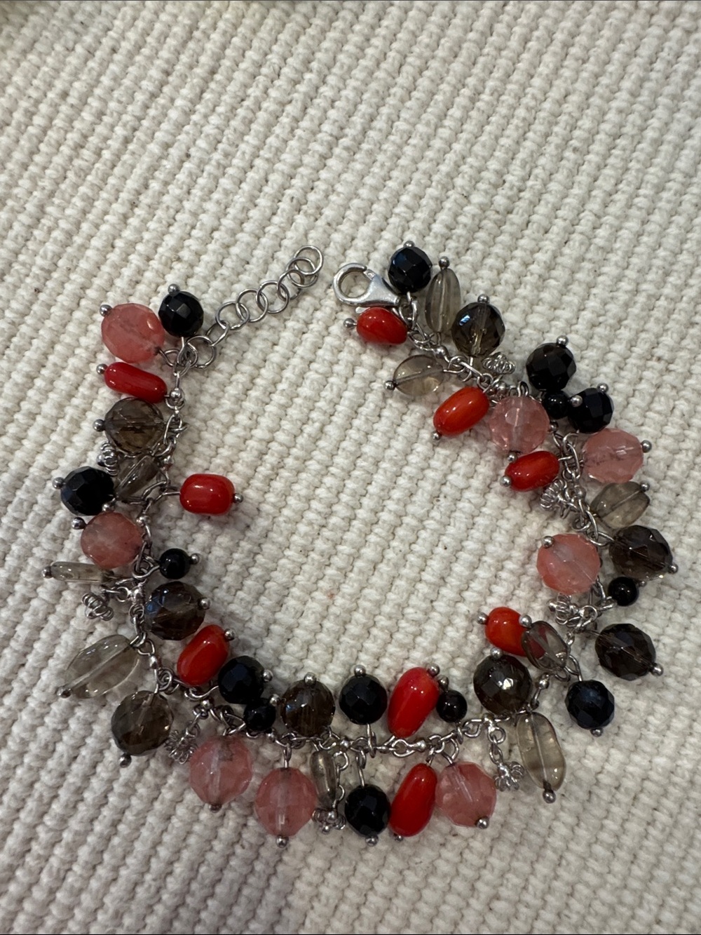 Silver Multi-Colored Bead Bracelet in Coral, Pink, Gray & Black